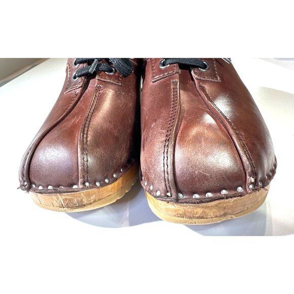 Troentorp Swedish Clogs Brown Leather Lace-Up Size 41 Wooden Sole Handmade Shoes - Picture 4 of 16